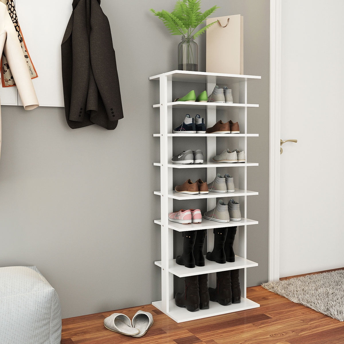 Topbuy 7-Tier Shoe Rack with Freestanding Shelves, Wood, White