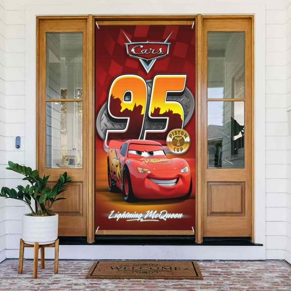Lightning Mcqueen Door Cover Decorations Door Banner Porch Sign Banner For Indoor Outdoor Wall Home Party Supplies 72.8 x 35.4 Inch