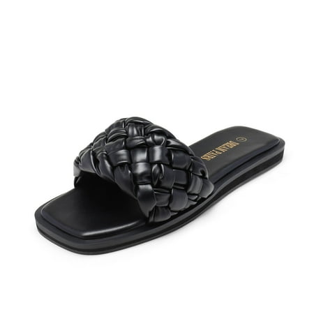 

Womens Flat Sandals Rhinestone Summer Beach Shoes Square Toe Slide Sandals