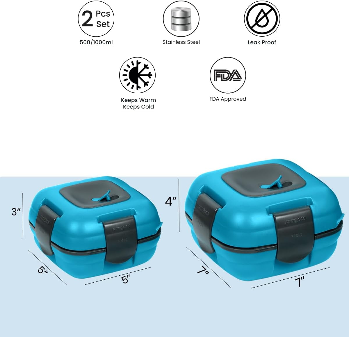 Pinnacle Thermoware 2-Pc Leak Proof Insulated Lunch Box Hot Food Container Set, Blue