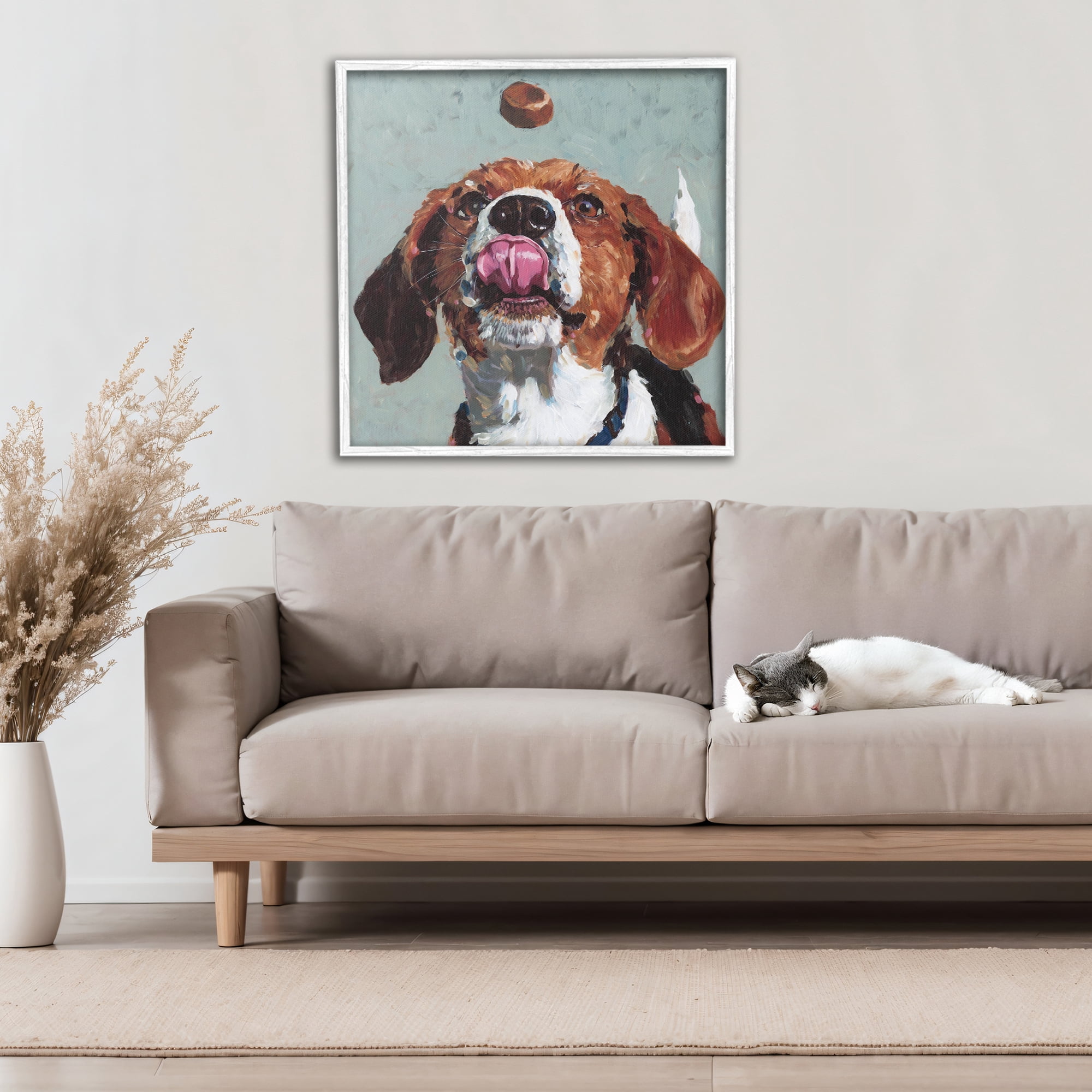 Stupell Industries Beagle Treat Excitement White Framed Giclee Art, design by Studio Bautista