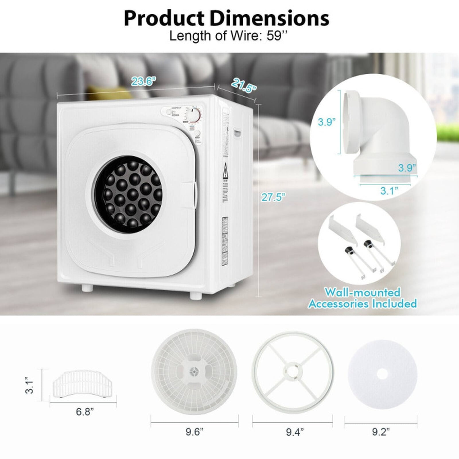 RUIE 1500W Portable Clothes Dryer 13.2 lbs Compact Laundry Dryer with Touch Panel, Wall-Mounted or Freestanding Dryer for Apartment Dorm RV, 5 Programs & Sensor Dry, White