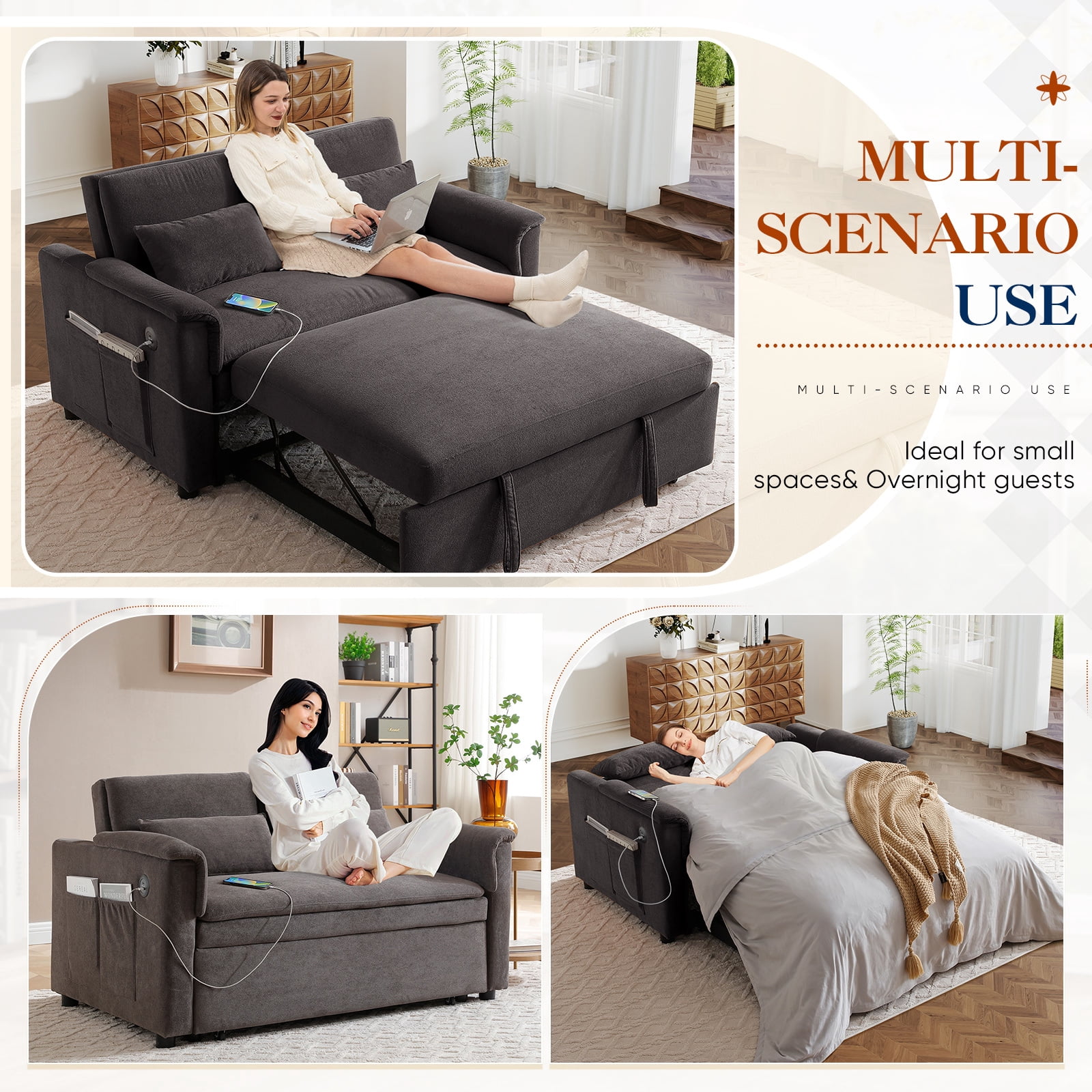 Lunale Convertible Sofa Bed with USB, 55" Loveseat Sleeper for Living Room, Apt, Gray Velvet
