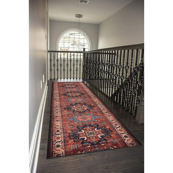 Custom Size Rug Runner Traditional Vintage Distressed Looks Medallion Design Hotel Quality Printed Cut To Size Oriental Red Runner Rug, We Customize Length by Feet Available Width 26", 31.5" or 35"