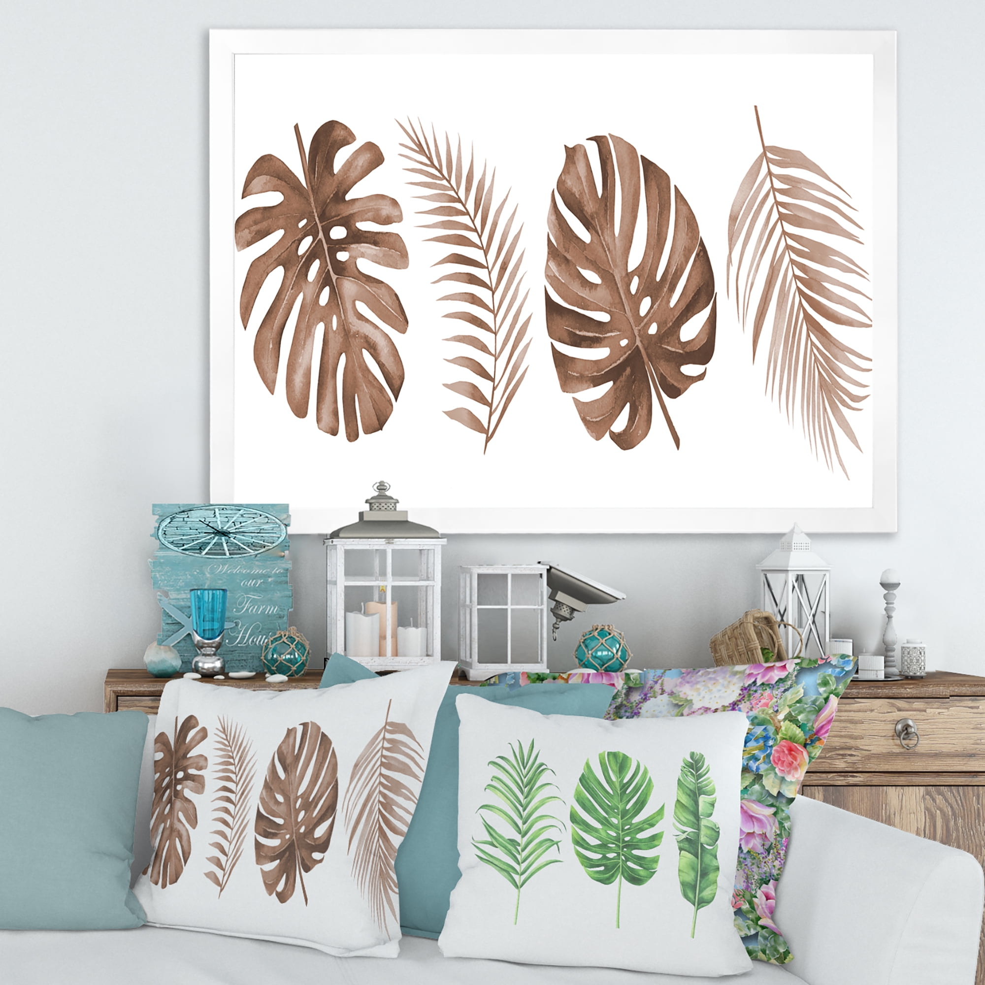 Designart 'Tropical Palm and Monstera Leaf In Terracotta' Traditional Framed Art Print