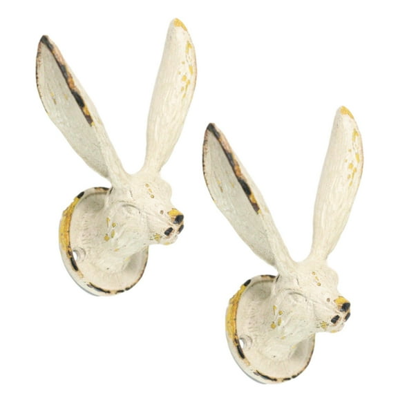 Pack Of 2 Antique White Pewter Cottage Bunny Rabbit Wall Coat Hat Leash Hooks