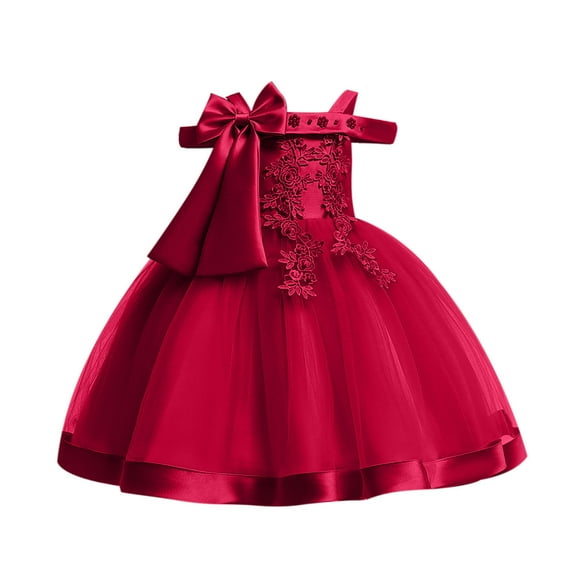 Penkiiy Toddler Girls Temperament Minimalistic Bowknot Embroidered Flower Net Yarn Birthday Party Gown Dresses Easter Dresses for Toddler Girls 3-4 Years Wine On Clearance