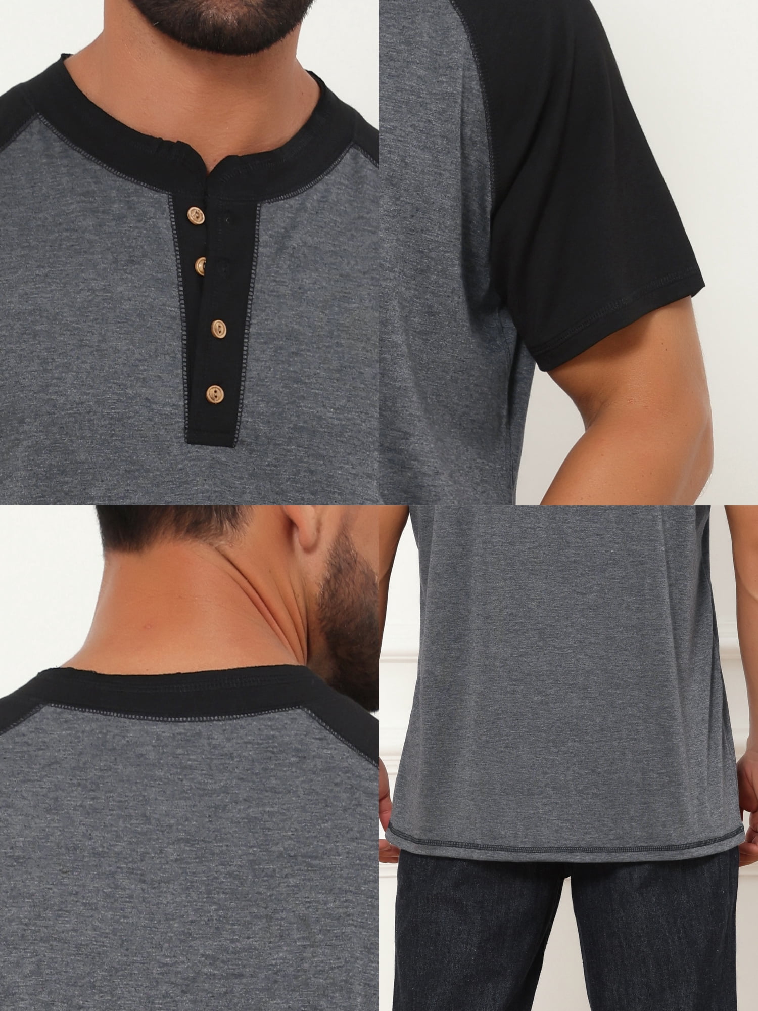 DARING DIVA Men's Raglan Henley Retro Short Sleeve Button Down T-Shirt S Dark Gray