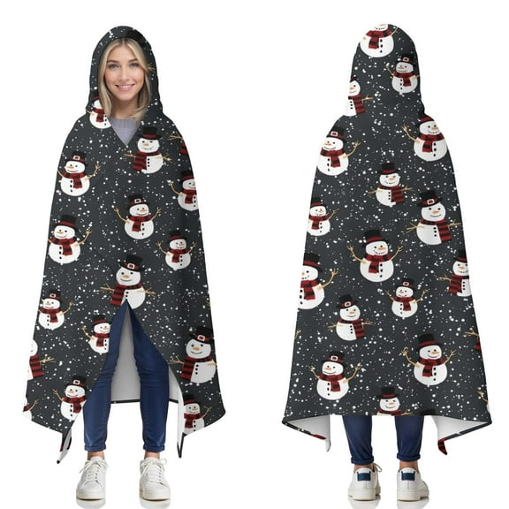 Wearable Blanket,Black Christmas Snowman Pattern Hooded Wearable Flannel Blanket for Adults & Teens,Winter Poncho Shawl Wrap Cape Cozy Anti-Pill,50"x60"