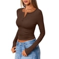 thumbnail image 3 of Women's Long Sleeve Shirts Henley Casual Fall Outfits Fitted Tops Ribbed Fashion Basic Tees Brown XXL, 3 of 8