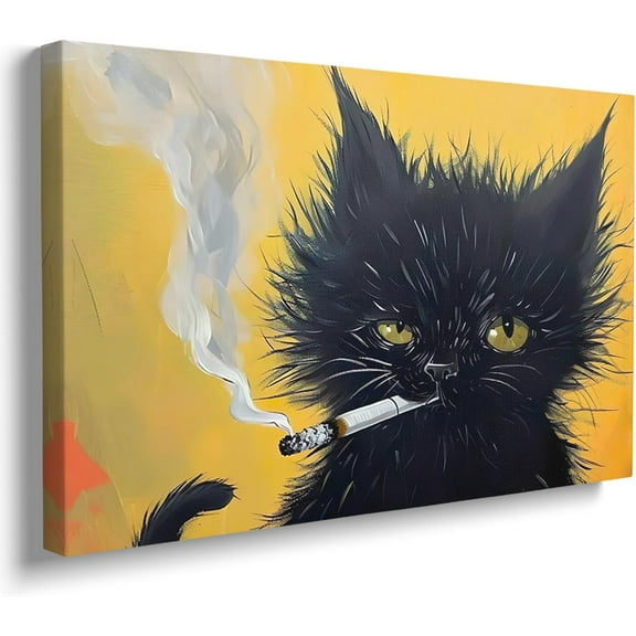 Aaheei Funny Black Cat Smoking a Cigarette Poster Cat Art Print Vintage Quirky Cat Portrait Wall Art Canvas Black Kitten Painting Cute Cat Artwork Preppy Animal Picture for Bathroom