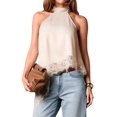 thumbnail image 2 of Women'S Y2k Halter Mock Neck Sleeveless Top Lace Asymmetrical Hem Going Out Tank Tops Champagne Color XL, 2 of 10