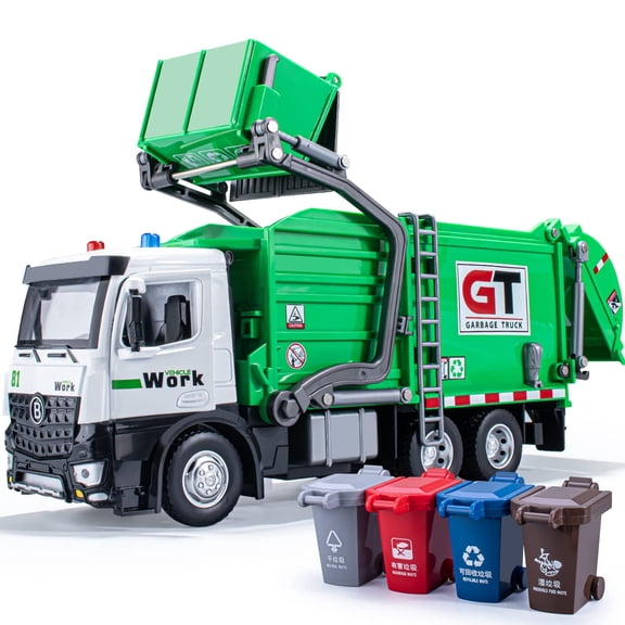 NOEARR Toy Vehicles, Garbage Truck Toys Set Includes Dumpster, 4 Trash Bins and Learning Cards for Kids, Large Friction Powered Trash Truck Toy w/ Light and Sounds, Boy Toys Birthday Gift for Toddler