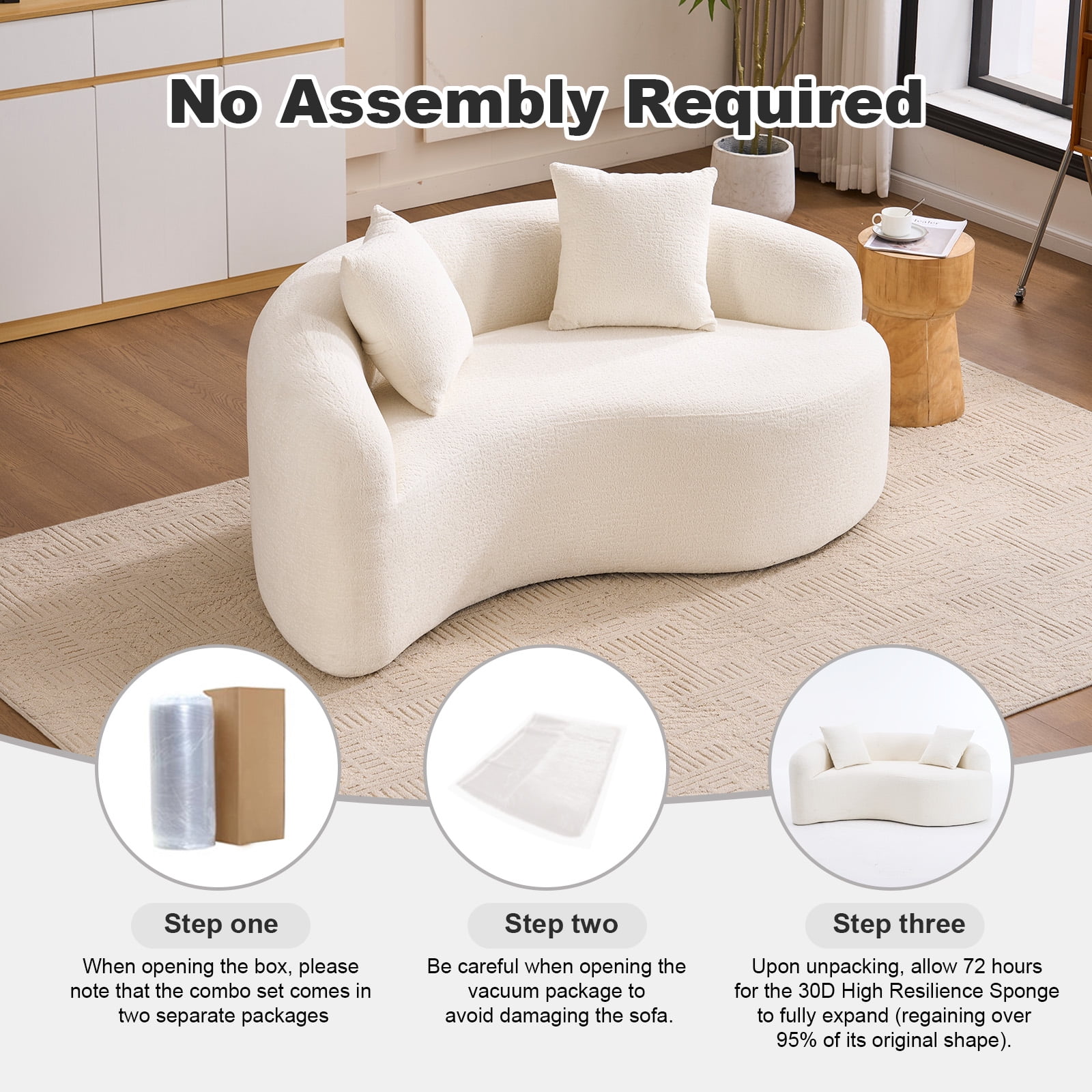 Sectional Sofa, Loveseat Sofa, Chenille Sofa with S-Curved Design and Dual-Depth Seat, Compact for Small Spaces Apartments Offices, No Assembly Required, White, 66.9 Inch