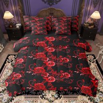 Manfei Fashion Red Rose 7pcs Bedding Comforter Set for Adult, Flower Floral Queen Bedding Sets, Romantic Anniversary Reversible Queen Sheet Sets, Breathable Home Decor