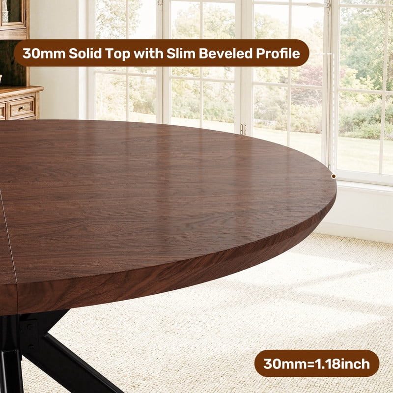 Hawsaiy 47" Round Dining Table for 4-6, Modern Farmhouse Kitchen Table with Metal Legs, Wood Circle Dinner Table for Kitchen & Dining Room, Walnut