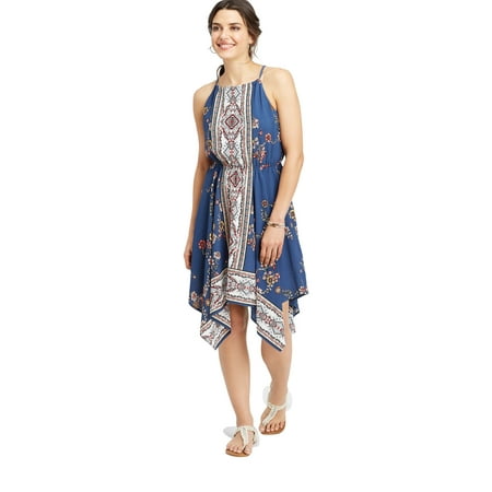 Beaded Handkerchief Hem Dress - Border Print Hanky Hem Dress