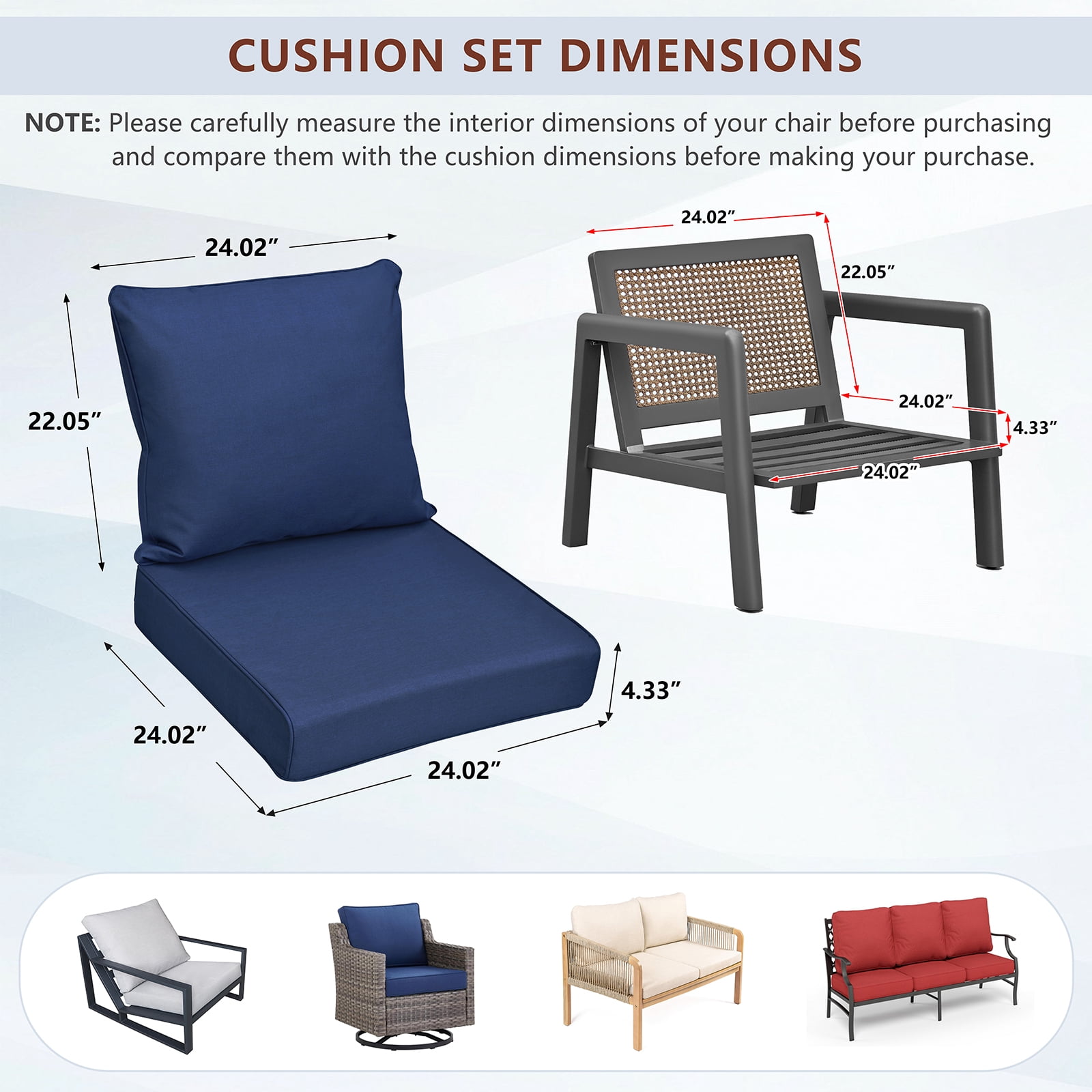 ATR ART to REAL 2PCS Outdoor Chair Cushion Set,Patio Furniture Replacement Cushion, 24" x 24",Waterproof & Fade Resistant,Navy Blue