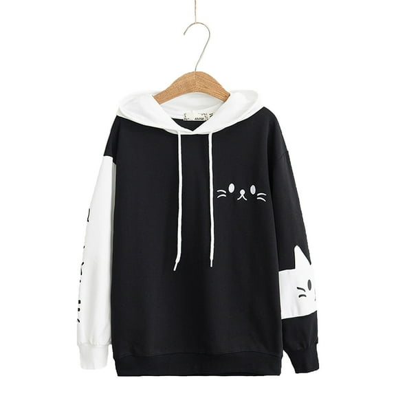 VNKIDY Women Sweatshirts White Black Patchwork Hoodie With Cat Face Print Long Sleeve Cute Sweatshirt With Drawstring For Autumn Winter Leisure Tops