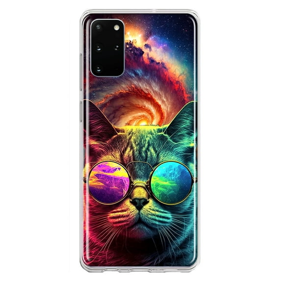 MUNDAZE Samsung Galaxy S20 Plus Neon Rainbow Galaxy Cat Shockproof Clear Hybrid Protective Phone Case Cover
