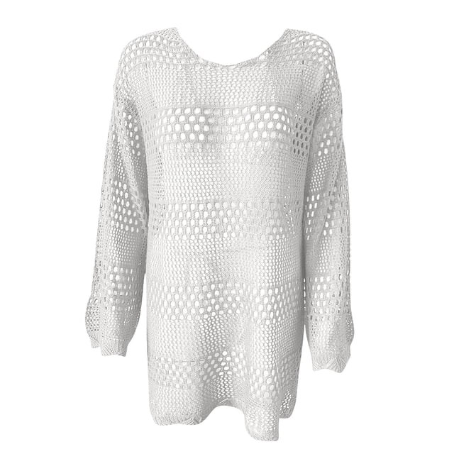 cfhntfmh Robes de Plage pour Femmes Été Mode Ajourée Couvre-Maillot U.S Douce à Manches Longues Col Ras du Cou Robe Mini Tricotée