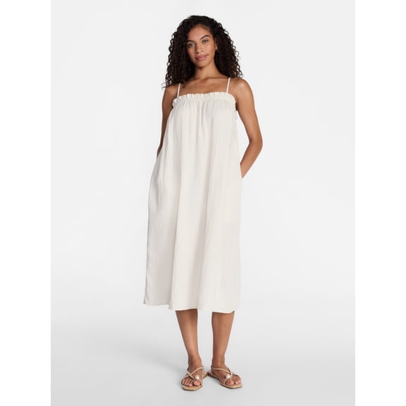 Time and Tru Women's Sleeveless Double Cloth Cotton Midi Dress, Sizes XS-XXXL