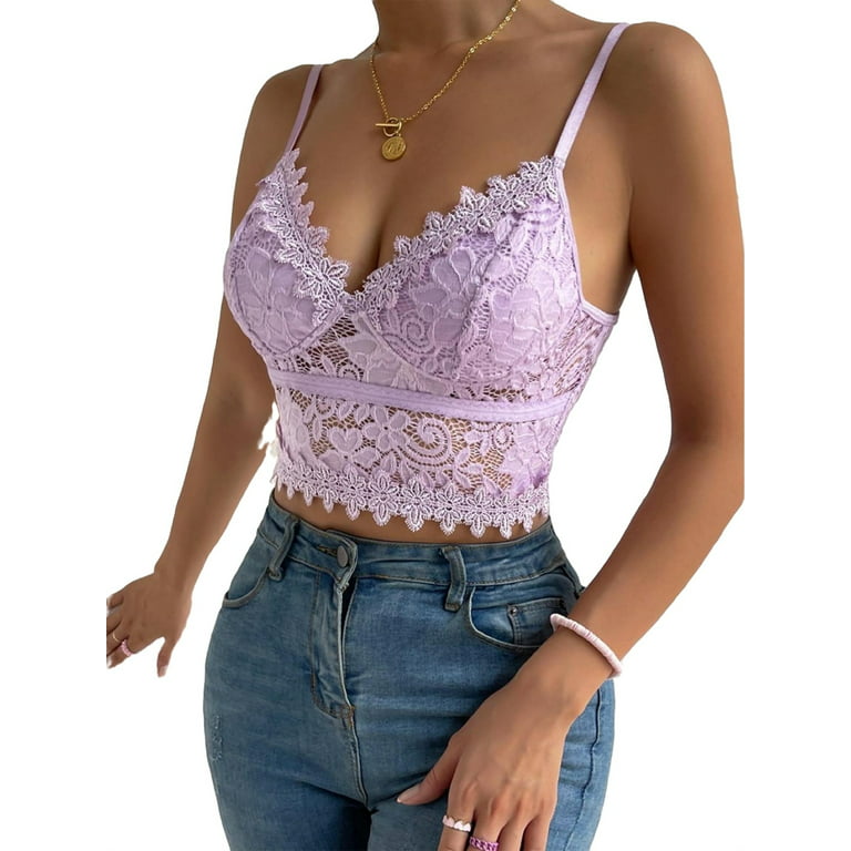 Purple Sexy Plain Contrast Lace Cami Strap Women's Tops Camis - Walmart.com