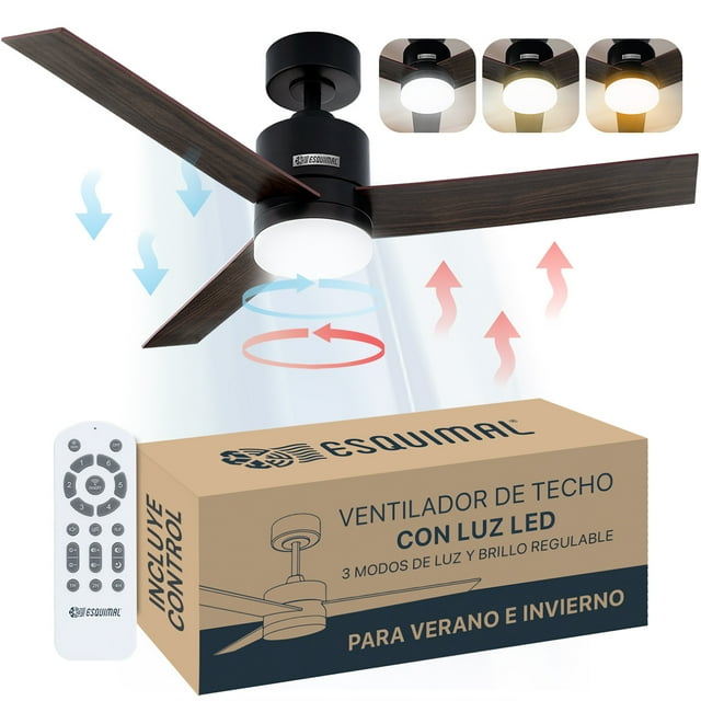Ventilador de Techo Esquimal 121.9 cm con Lámpara LED, 6 Velocidades, Función Reversible, Temporizador 4h, Aspas de Madera Doble Vista, Color Negro