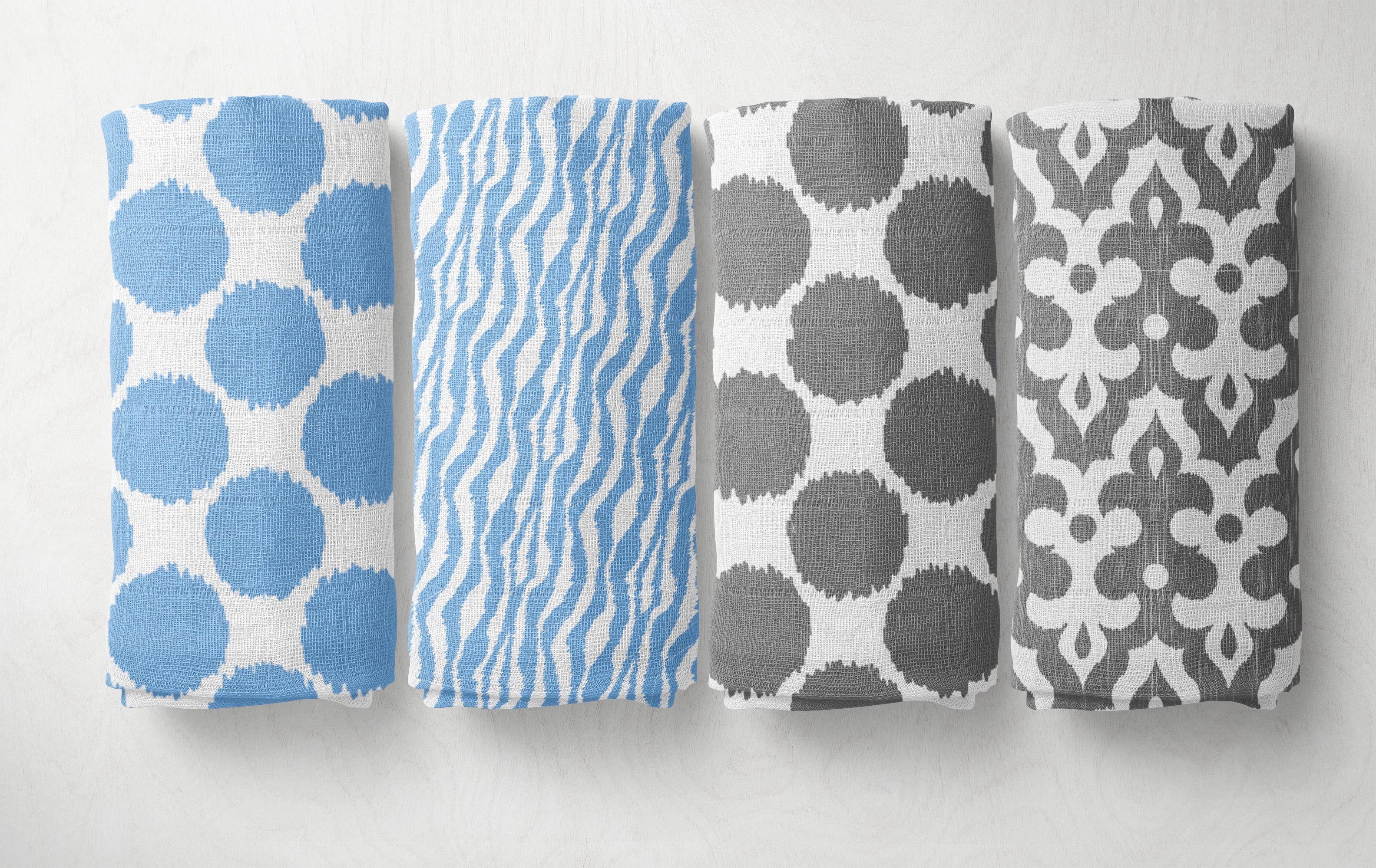 Bacati Ikat Zebra & Dots 4 Piece Crib Bedding Set with 2 Muslin Swaddling Blankets, Blue/Gray