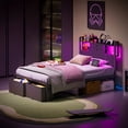 thumbnail image 3 of Fairy Twin Bed Frame with Storage Headboard, LED Lights & Charging Station, Metal Platform Bed with 2 Drawers, No Box Spring Needed, Black, 3 of 8