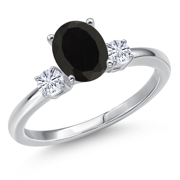Gem Stone King 14K White Gold Black Onyx and White Moissanite Engagement Ring for Women | 1.80 Cttw | Oval 8X6MM | Gemstone December Birthstone | Size 8