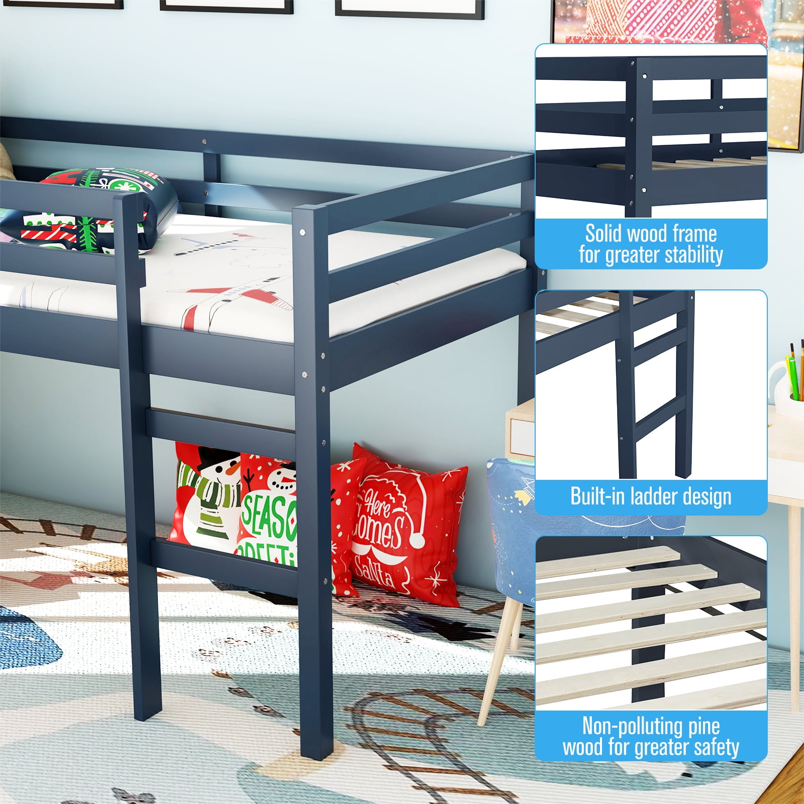Miniyam Wood Twin Size Loft Bed for Kids, Space-Saving Design, Blue