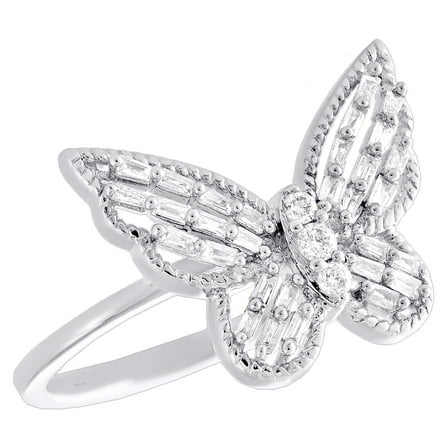 14K White Gold Baguette Diamond Women's Milgrain Butterfly Cocktail Ring 1/4 CT