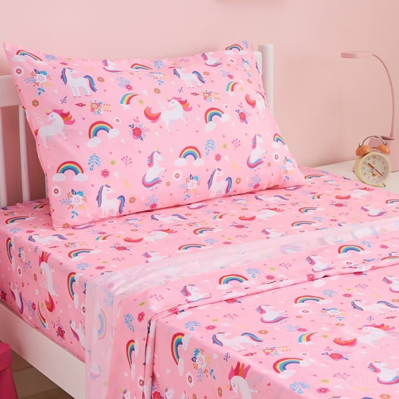 Joyfy Kids Twin Sheet Set 3pcs Unicorn Pink Bedding Set with Flat Sheet, Fitted Bed Sheet & Pillowcases