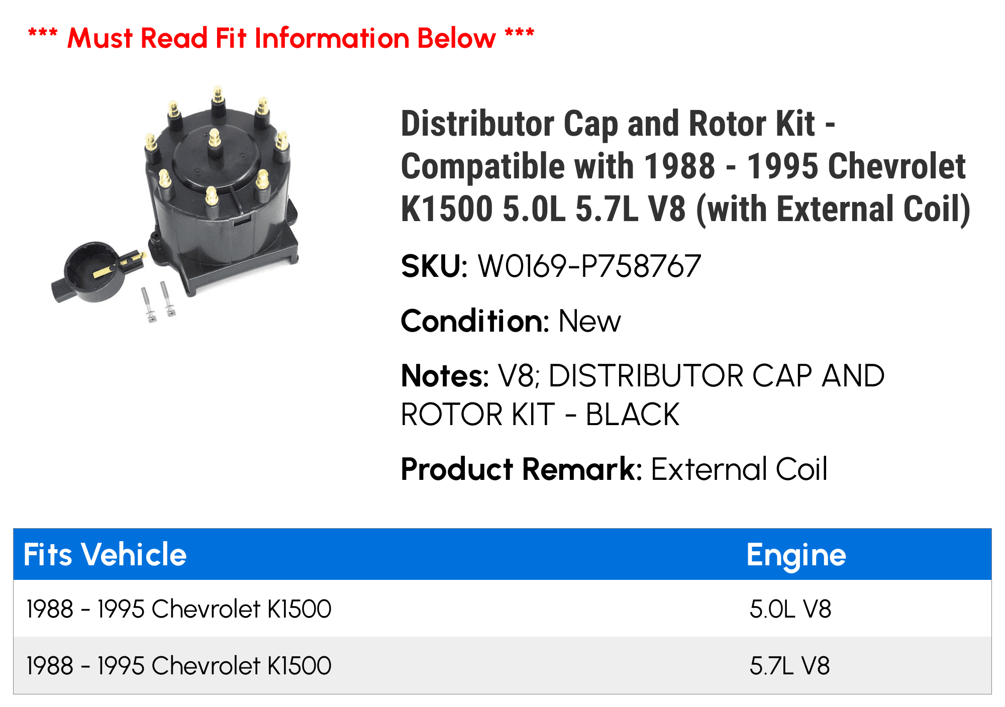 Black Distributor Cap and Rotor Kit Compatible with 1988-1995 Chevy C1500 Gas V8 with External Coil 