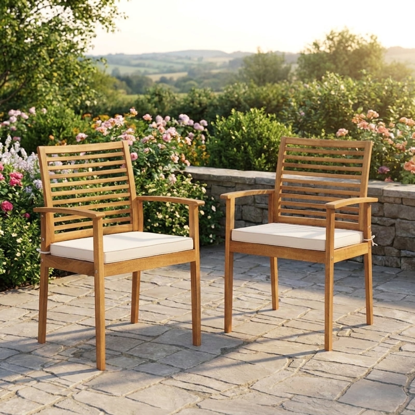 Furnibear Outdoor Patio Dining Chairs Set of 2 Acacia Wood Conversation Chairs with Removable Padded Cushion and Slatted Backrest, Beige