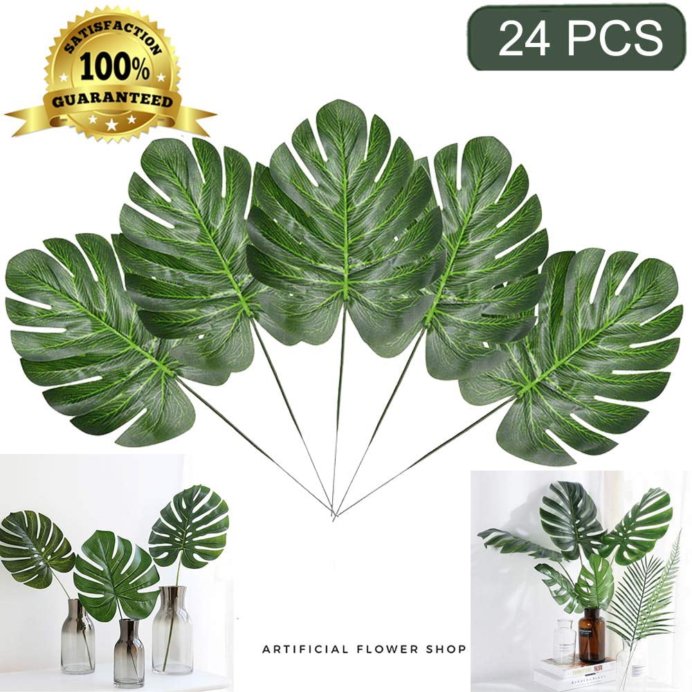 Muswanna 36Pcs Artificial Areca Palm Leaves,Tropical Plant Faux Leaves with Stems,Imitation Artificial Green Leaves for DIY Home Wedding Table Decor,Hawaiian Jungle Beach Theme BBQ Birthday Party Decorations