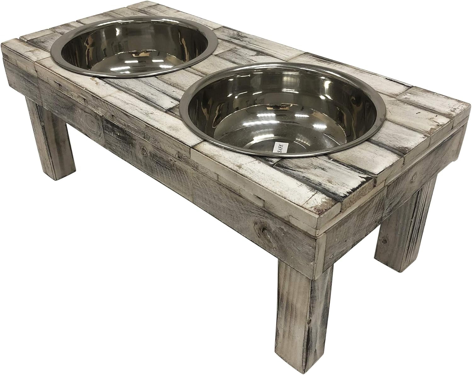 Huntley Pet Berjen Table Elevated Double Bowl Feeder, White Wash (Large)