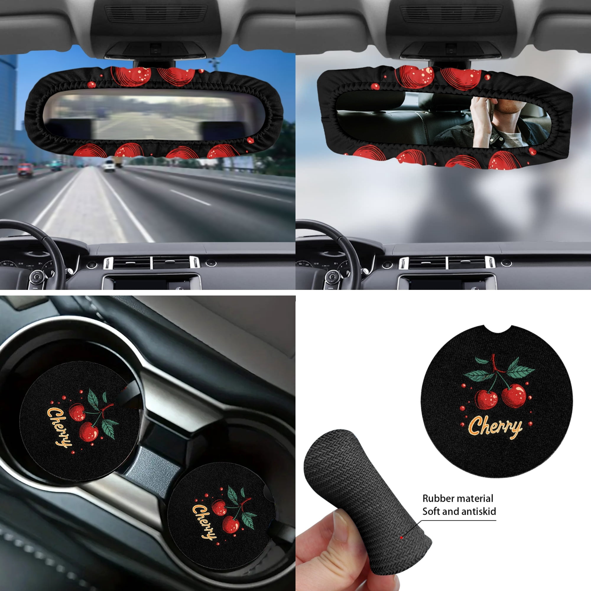 Yuyamidu 14pcs Cherry Car Seat Cover Protector with Steering Wheel Cover Seatbelt Pads Cute Auto Armrest Cover Trash Bin Rearview Mirror Cover Handbrake Cover Set Cup Holders for Women