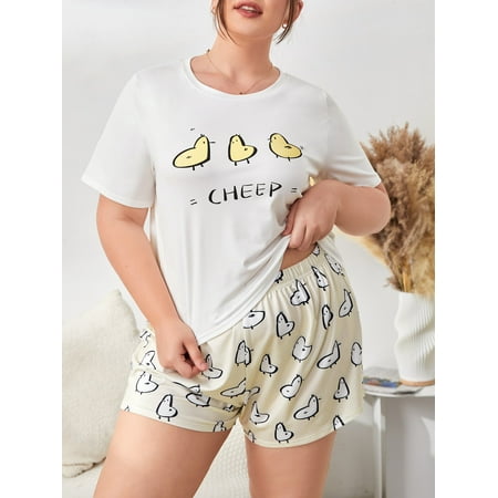 

Women s Plus Cartoon Letter Print Pajama Set 1XL(14) White Cute F22001D