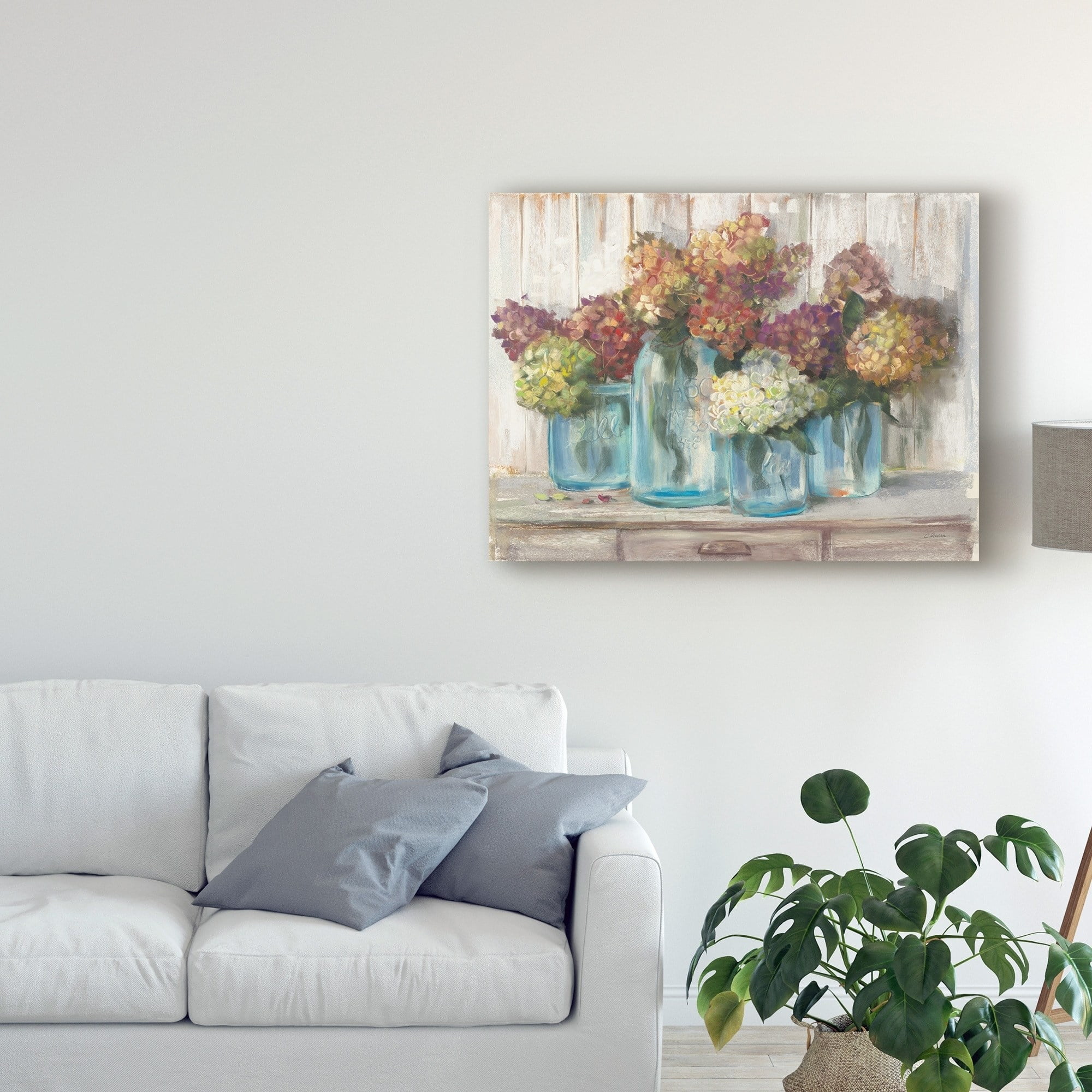 Trademark Fine Art 'Hydrangeas in Glass Jars White Wood' Canvas Art by Carol Rowan