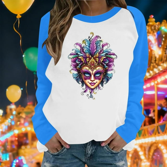 Xuyuer Mardi Gras Shirts for Women Shirt Funny Mask Graphic Tee Carnival Long Sleeve Shirt V Neck Top