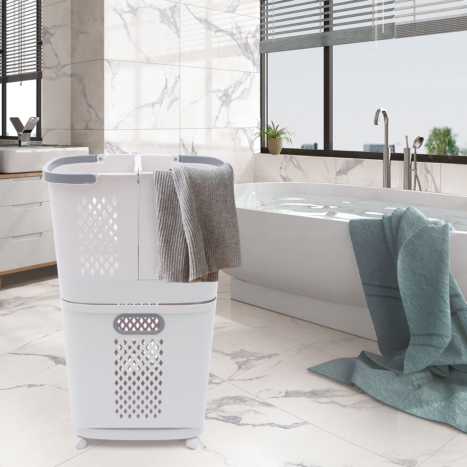 Laundry Basket with Wheels Movable Household Laundry Hamper 3-Tier Plastic Sorter Baskets Bathroom Clothes Storage Basket for Bathroom Bedroom Kitchen Organization 17x12x29Inches