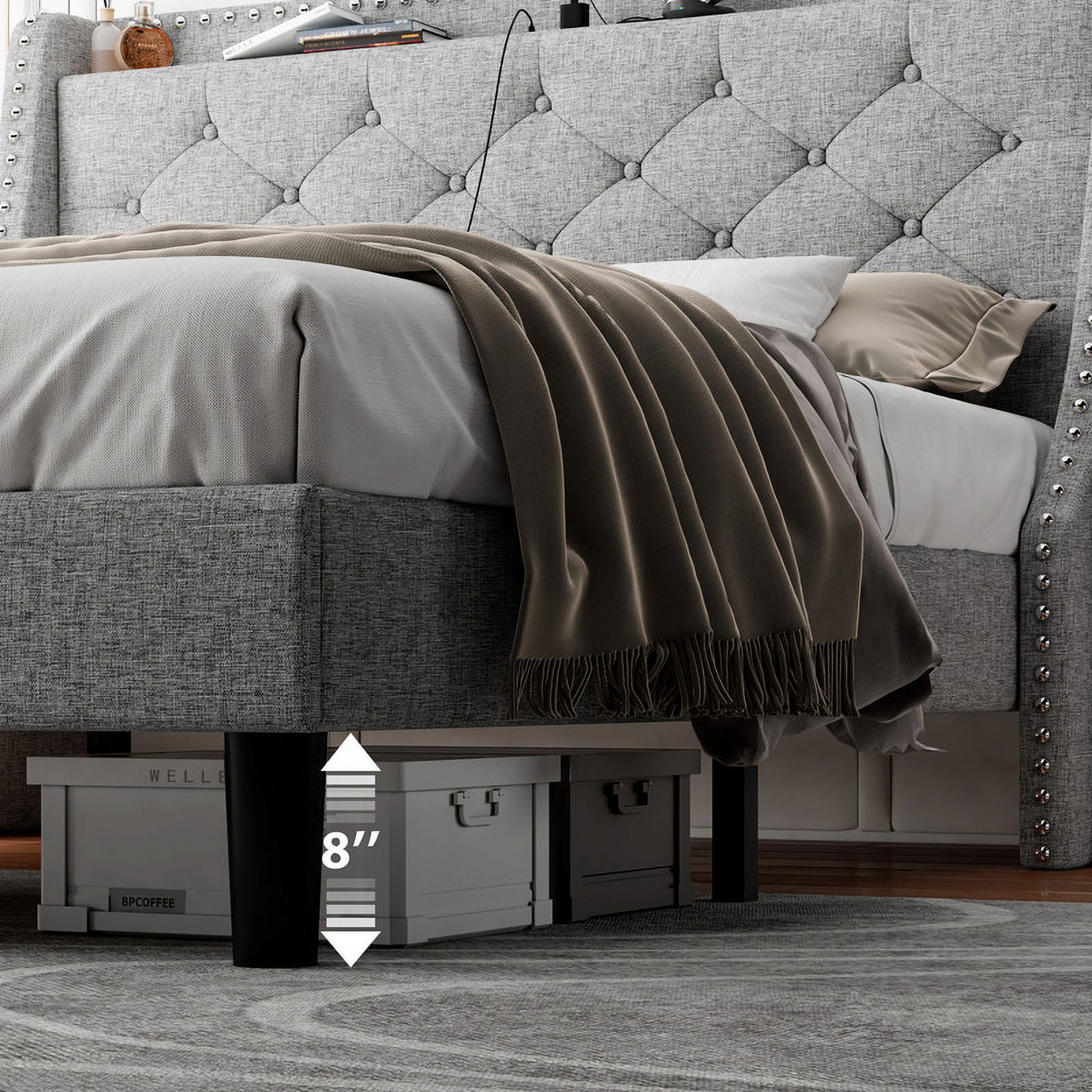 iPormis Full Bed Frame with Upholstered Wingback Button Tufted Storage Headboard, Luxurious Platform Bed with Charging Station, Sturdy Wooden Slats Support,No Box Spring Needed, Light Gray