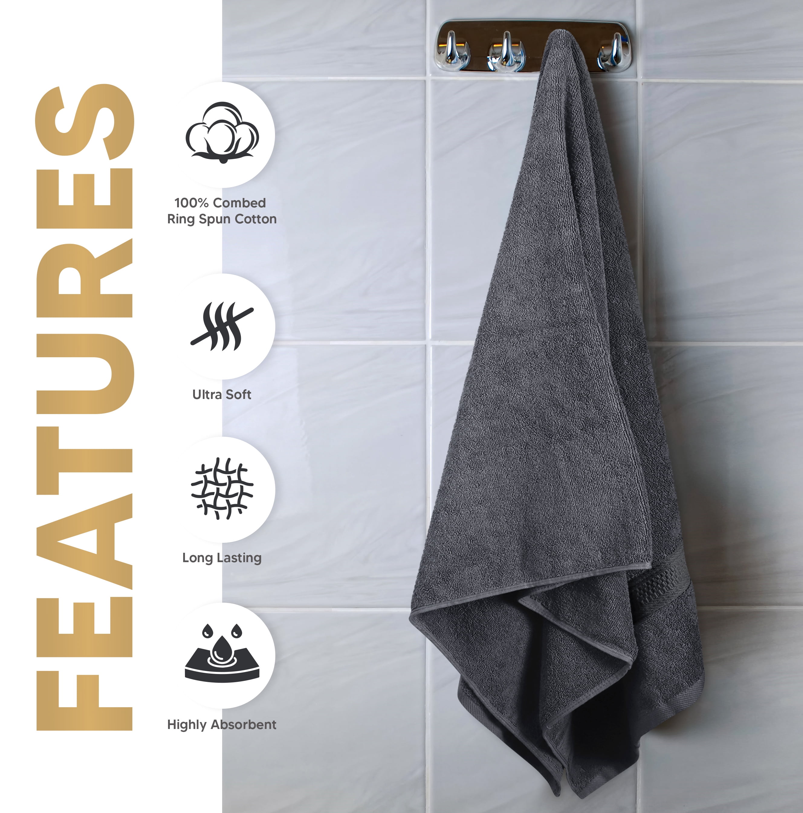 PEKUR 4 Pack Bath Towels Set, 100% Ring Spun Cotton, Soft and Highly Absorbent Wash Towels for Body and Showering – Perfect for Daily Use (27 x 54 Inches)(Grey)