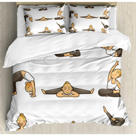 Yoga Duvet Cover Set Queen Size, Cartoon Yoga Young Girl Doing Different Poses Energy Action Aerobics Vitality Health, Decorative 3 Piece Bedding Set with 2 Pillow Shams, Multicolor, by Ambesonne