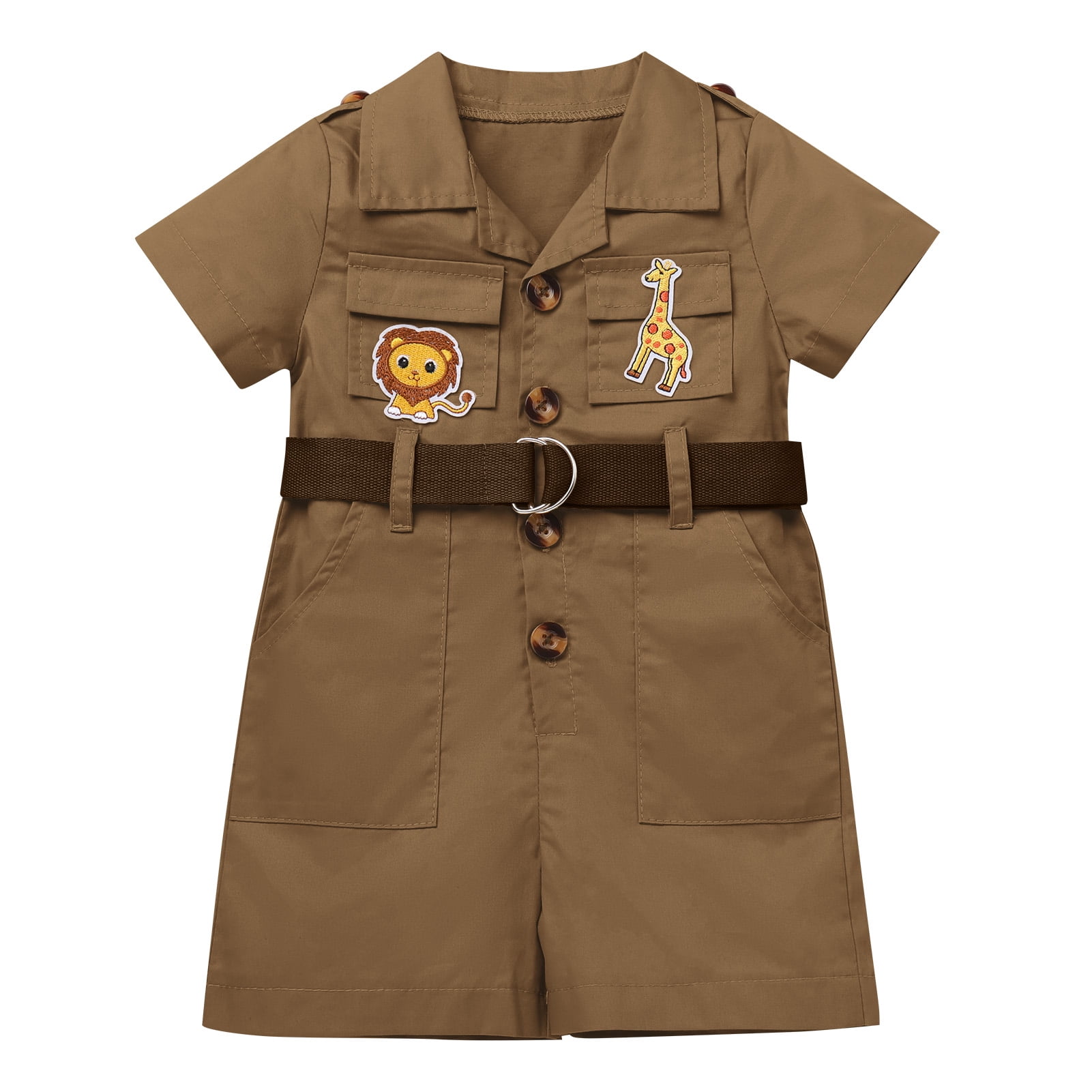 IBTOM CASTLE Toddler Baby Boys Girls Lion Giraffe Birthday Outfit One Piece Romper Jumpsuit with Belt and Hat Jungle Safari Cake Smash Clothes 12-18 Months Brown