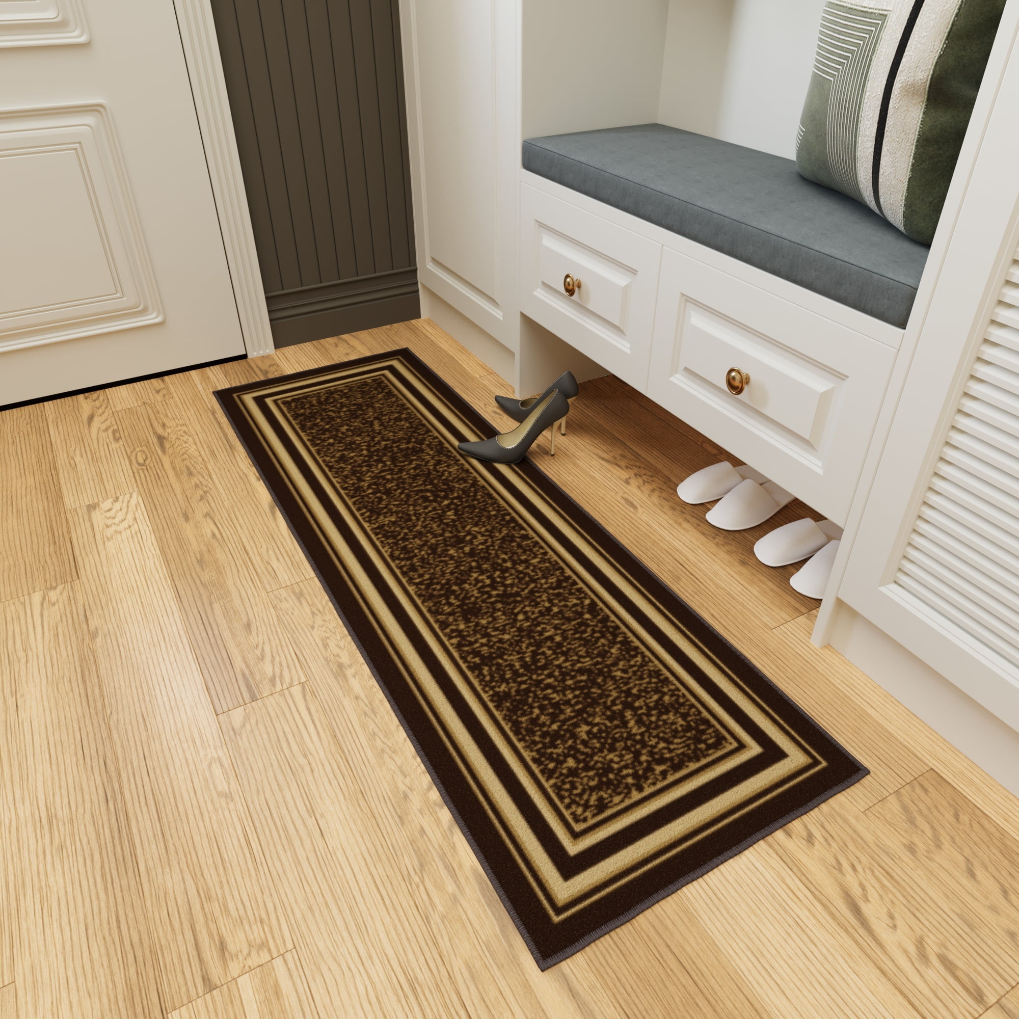 Ottomanson Border Bathroom Runner Rug 20" x 53" - Non Slip Low Pile Carpet, Dark Brown