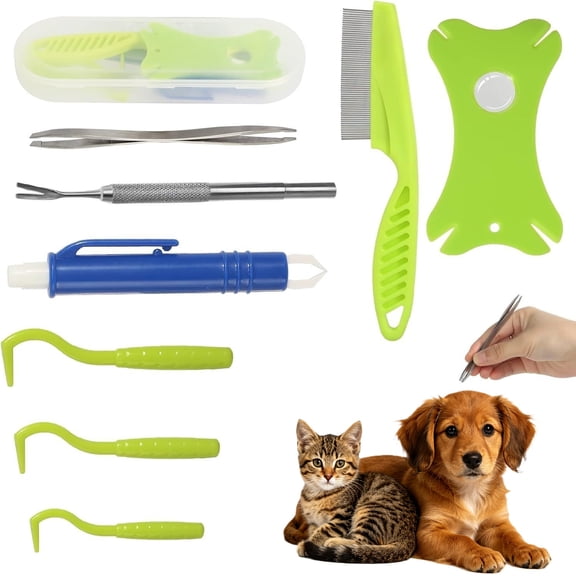 Tick Removal Tool 8 in 1 with Storage Box, Tick Tweezers, Flea Comb, Dog Tick Remover Tool Tick Removal Kit Tick Removal Tool for Dogs Cats Pet Tick Comb (RL)