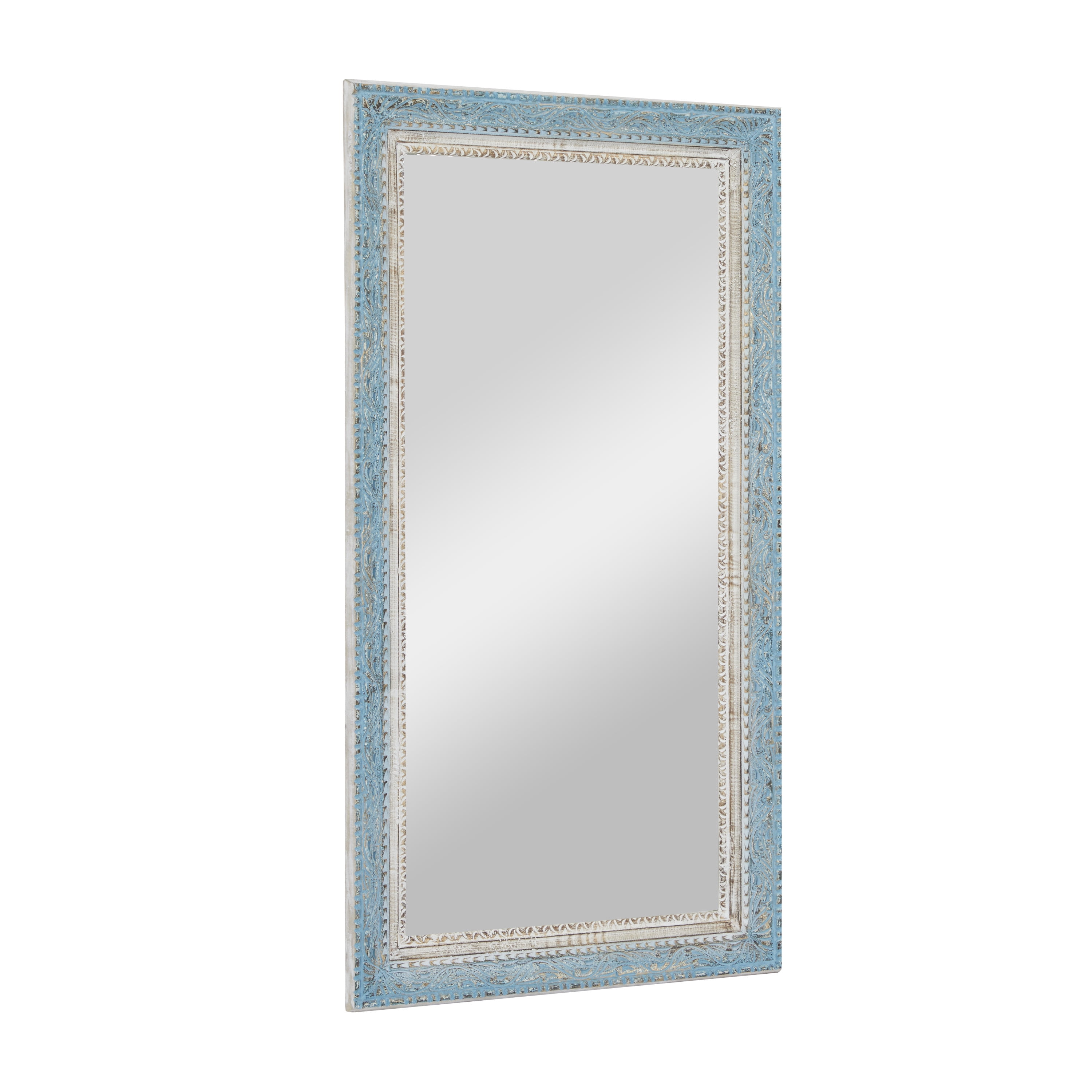 DecMode 32" x 60" Blue Carved Floral Wall Mirror